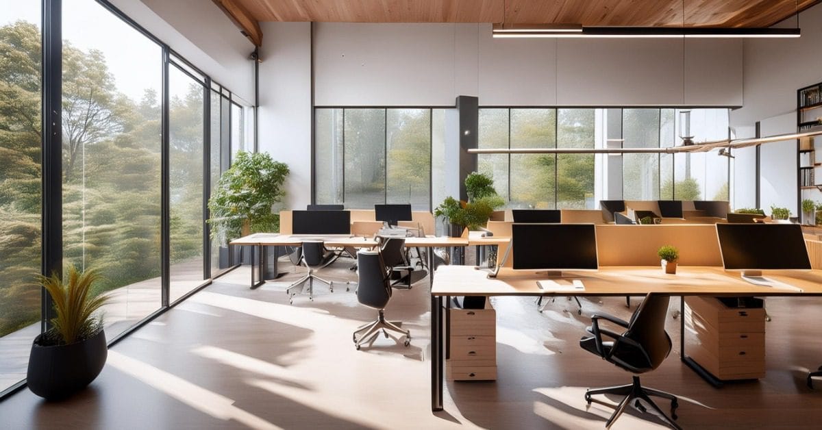 An open-plan office with shared desks, low partitions, glass storage cabinets, and large windows bringing in natural light.
