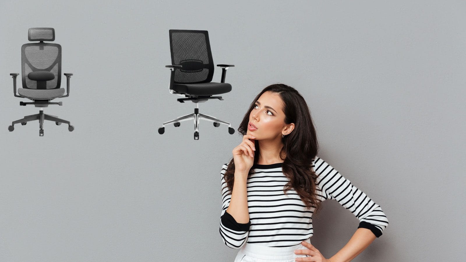 A woman ponders which office chair to pick for her office.