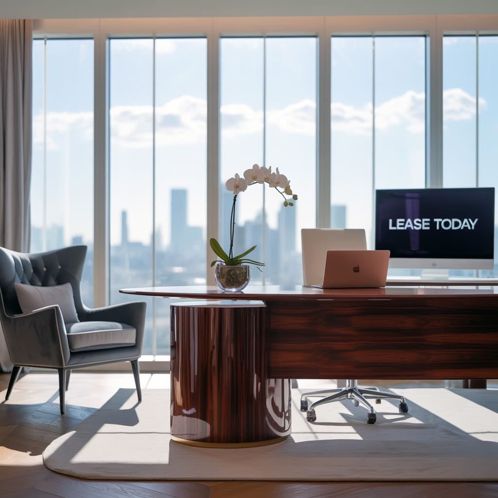 An AI-generated image of an empty office that's ready to be leased.