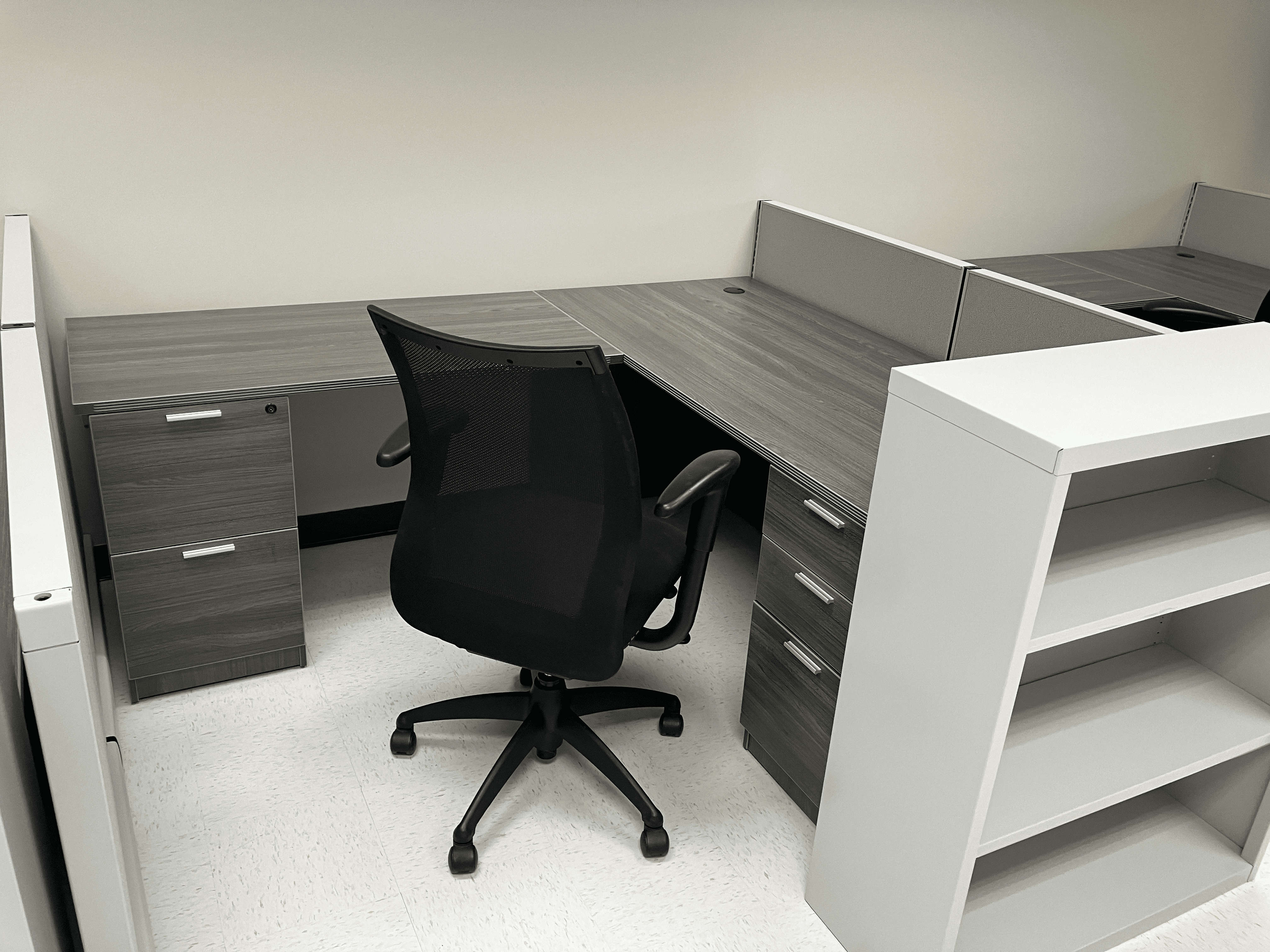 Grey L desk with White Bookcase