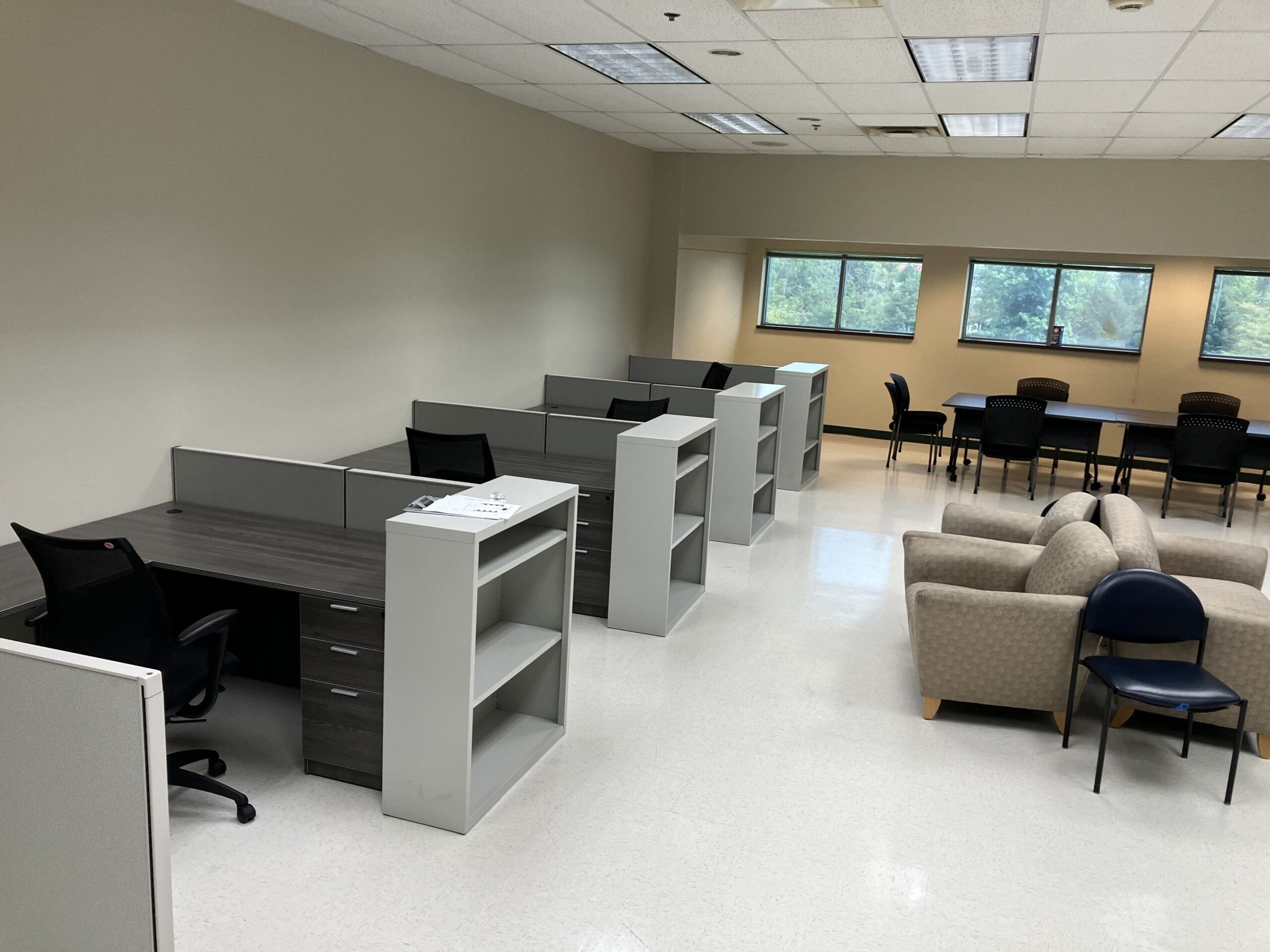 Wall mounted cubicles in a row with flexible storage options
