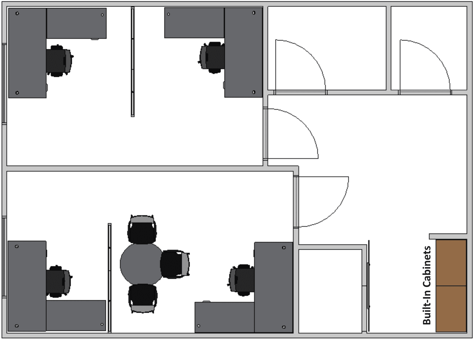 Floorplan showing four rooms, each with an L-Desk and one room with a small meeting table