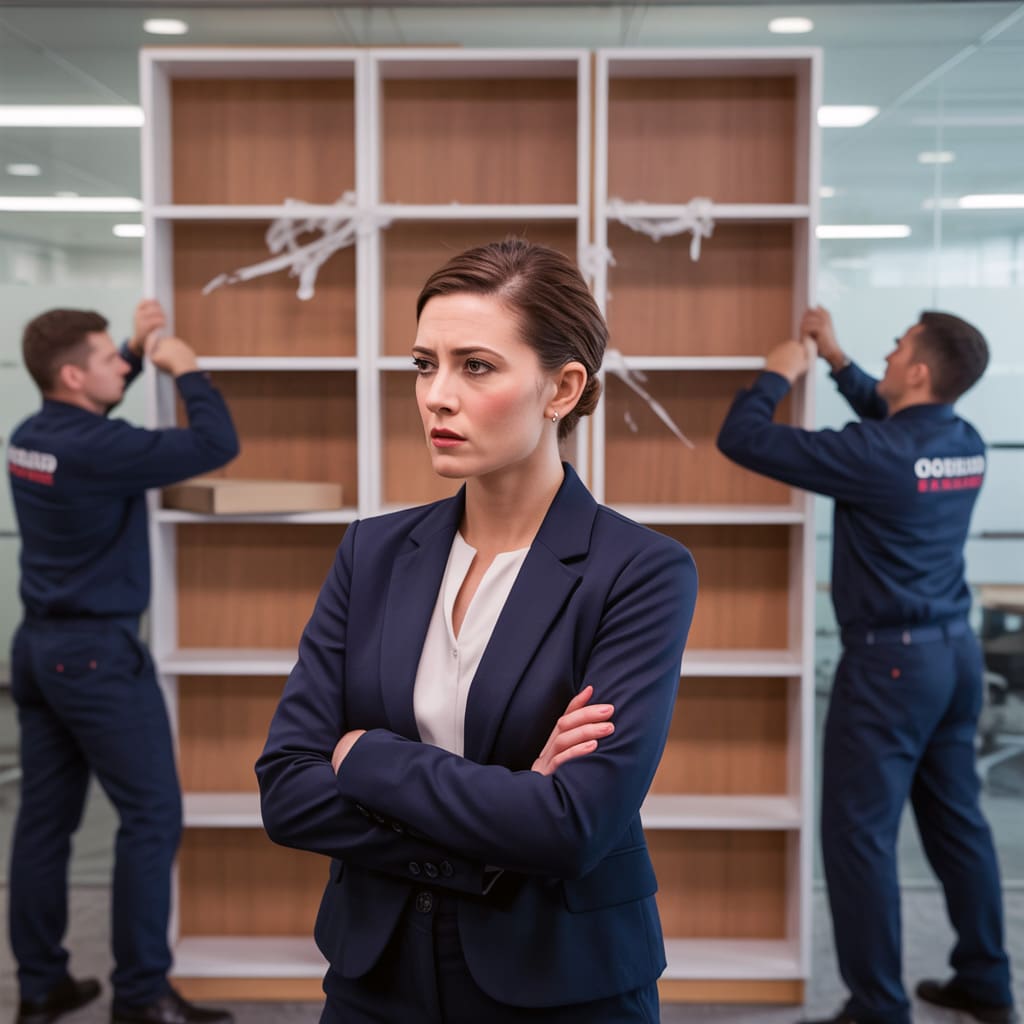 An AI-generated image of an office move with a visibly concerned office manager.