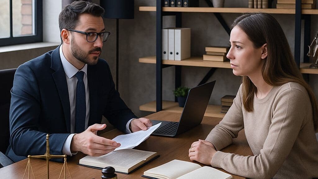 An AI-generated image of a concerned client speaking with her attorney from his legal offices.
