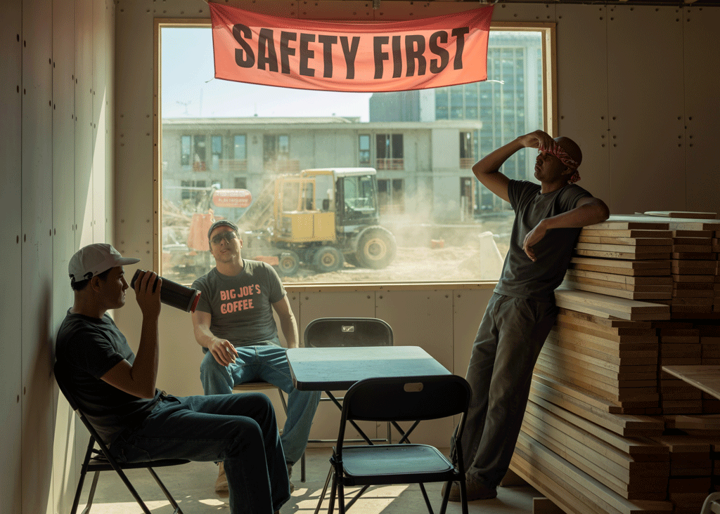 An AI-generated image showing a small construction office.