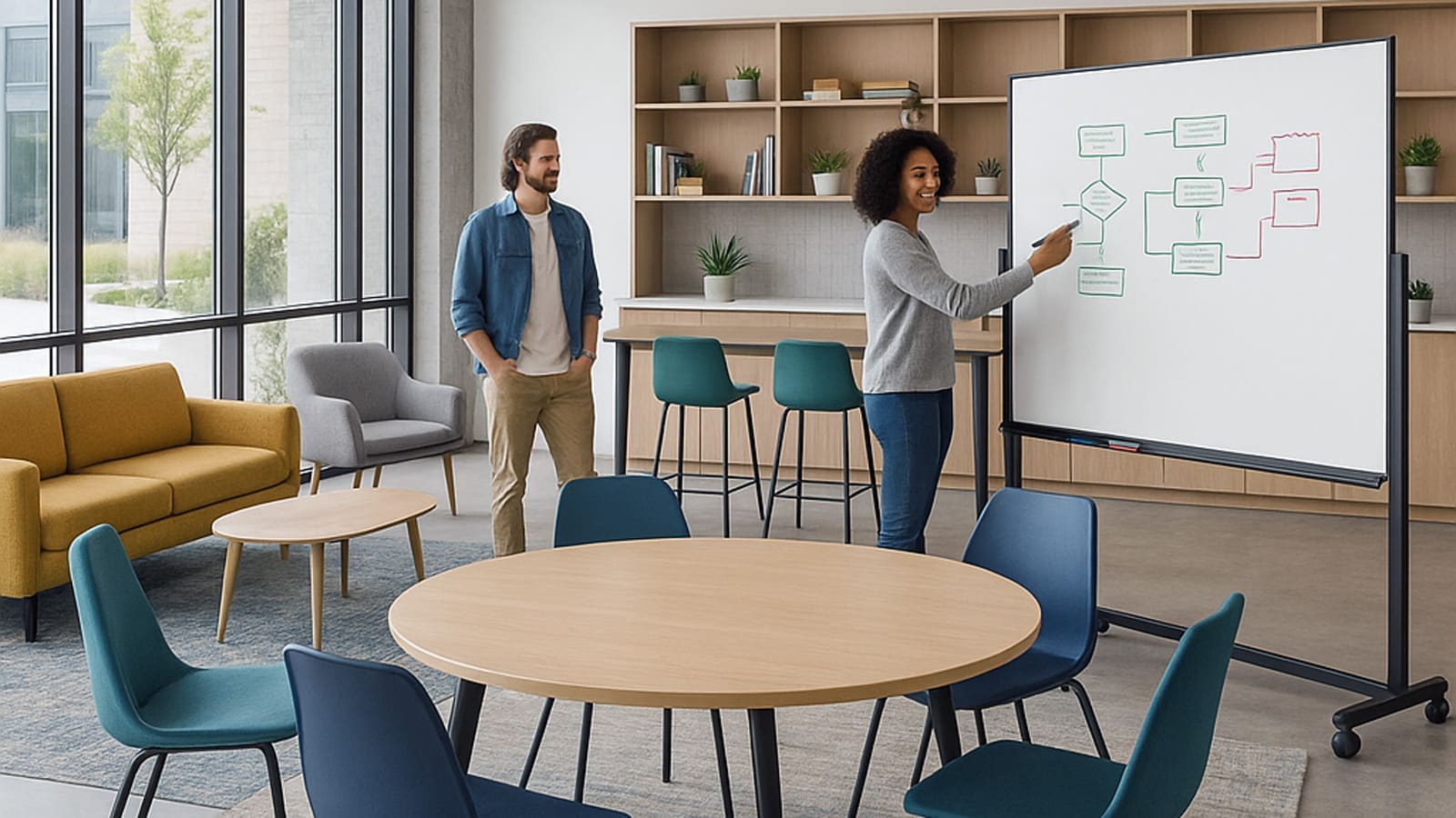 Colleagues begin drawing out a flow chart for an upcoming brainstorming session in this AI-generated image.